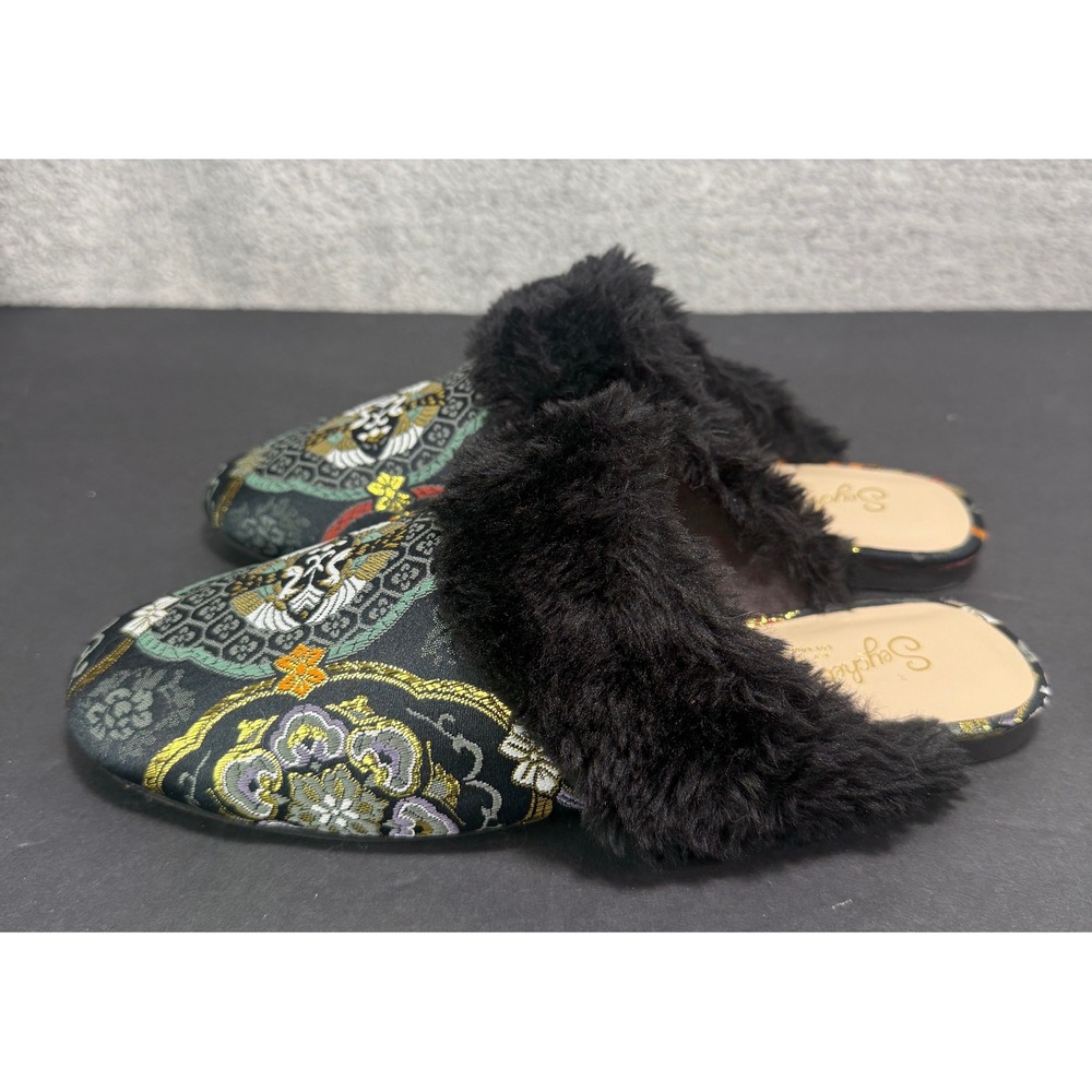 Seychelles Mules Women 7.5 Black Embroidered Faux Fur Tapestry Slip‎ On Flats
